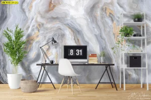 วอลเปเปอร์หินอ่อนขาวเทา ดีไซน์ลายศิลปะฟุ้งละเอียดเหมาะกับตกแต่งห้องทำงานหรือมุมอ่านหนังสือ ช่วยเสริมบรรยากาศสร้างสมาธิและความสงบสุขุมบวกมิติทันสมัยให้พื้นที่ใช้งานดูโดดเด่น