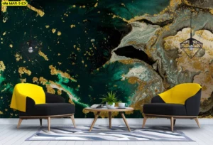 วอลเปเปอร์ศิลปะ Abstract เขียวดำทอง ติดผนังห้องรับแขกงานรีโนเวทเพิ่มเอกลักษณ์เฉพาะตัว​