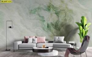 วอลเปเปอร์ลายหินอ่อน โทนเขียวอ่อน ให้ความรู้สึกสดชื่นและเป็นธรรมชาติ เหมาะสำหรับตกแต่งห้องรับรองแขกหรือพื้นที่นั่งเล่นในงานรีโนเวทโครงการอสังหาริมทรัพย์