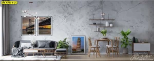 วอลเปเปอร์หินอ่อนขาว ลายเทาแต่งห้องนั่งเล่นคอนโด สไตล์มินิมอลโมเดิร์นพร้อมงานศิลปะ