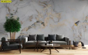 วอลเปเปอร์หินอ่อนขาวทอง ดีไซน์โมเดิร์นโปร่งสุขุม สำหรับแต่งผนังห้องนั่งเล่นเฟอร์นิเจอร์โทนเข้ม เพิ่มบรรยากาศหรูหราให้ห้องดูทันสมัย