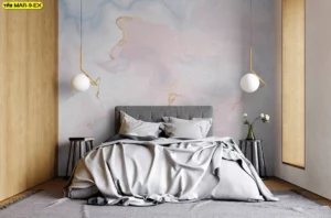 วอลเปเปอร์ศิลปะหินอ่อนโทนชมพูฟ้า สำหรับห้องนอนแนวมินิมอล ผสมผสานสีชมพูและน้ำเงินอย่างกลมกลืน ให้ความรู้สึกอบอุ่นและผ่อนคลาย เหมาะสำหรับผู้ที่ชื่นชอบการตกแต่งสไตล์เรียบง่ายแต่มีเอกลักษณ์