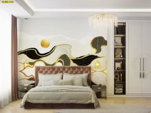 ภาพศิลปะนามธรรมคลื่นทองดำขาวเส้นสีทองลายเซ็นสไตล์หรูหราโมเดิร์นลักชัวรี่ตกแต่งห้องนอนมาสเตอร์