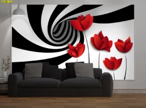 รูปติดผนังดอกไม้แดง 3D ลายเกลียวขาวดำตกแต่งห้องนั่งเล่นสไตล์โมเดิร์นมินิมอลสร้างจุดสนใจภาพศิลปะ
