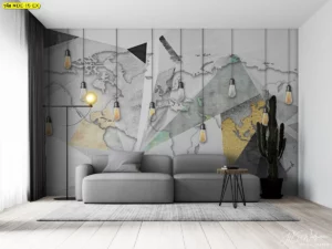 วอลเปเปอร์สั่งพิมพ์แผนที่โลก 3 มิติสไตล์อินดัสเทรียลโทนสีเทาทองเขียวมิ้นท์ตกแต่งห้องนั่งเล่นออฟฟิศ SME สตาร์ทอัพสมัยใหม่