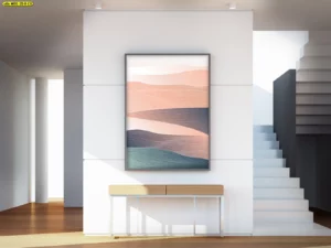 ภาพศิลปะลายเส้นคลื่นโทนสีส้มพีชและน้ำเงินเข้มสไตล์คอนเทมโพรารี วอลเปเปอร์สั่งพิมพ์ตกแต่งห้องโถงสำหรับวัยรุ่น