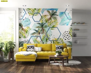 ภาพติดผนังห้องวัยรุ่น ลายใบปาล์มเขตร้อนผสมรูปทรงเรขาคณิตสไตล์โมเดิร์นทรอปิคอล ภาพติดผนังห้องนั่งเล่นวัยรุ่น