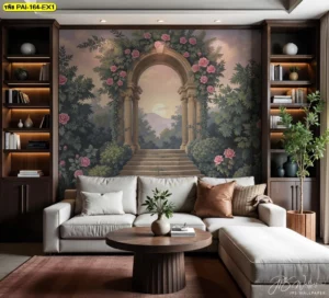 วอลเปเปอร์ยุโรปซุ้มเสาและสวนดอกกุหลาบ เหมาะกับบ้านและคอนโดสมัยใหม่ เน้นโทนเขียวน้ำตาลทอง เพิ่มความอบอุ่นพร้อมดีไซน์แฝงความหรูหราแบบคลาสสิก