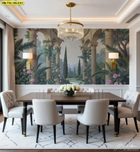 วอลเปเปอร์วิวสวนสไตล์วินเทจ โทนเขียวชมพู ดีไซน์ศิลปะเสาโรมันและดอกกุหลาบชมพูสำหรับตกแต่งห้องรับประทานอาหารเพิ่มบรรยากาศหรูในบ้านทุกสไตล์