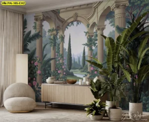 ภาพศิลปะสวนยุโรปโทนเขียวชมพูดีไซน์เสาโรมัน ผลิตด้วยผ้าแคนวาสหน้ากว้าง สติ๊กเกอร์ 3M ติดกระจก