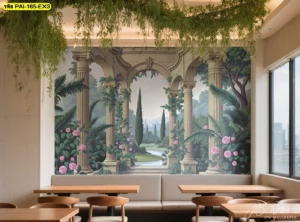 วอลเปเปอร์ภาพซุ้มประตูสวนยุโรป แต่งร้านอาหารเพิ่มความหรูหราแบบคลาสสิก เหมาะกับบรรยากาศร้านอาหารธีมยุโรปย้อนยุค