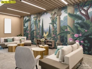 วอลเปเปอร์วิวสวนยุโรปคลาสสิก ดีไซน์เสาโรมันหลายมิติเรียงตัวอย่างสง่างาม เพิ่มความลึกให้ห้องนั่งเล่น สีเขียวน้ำตาลตัดด้วยกุหลาบชมพู ประกอบด้วยต้นปาล์มหรู ตอบโจทย์บ้านสมัยใหม่