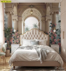 ภาพศิลปะสวนยุโรปโทนเบจชมพูหรู ตกแต่งห้องนอนด้วยวอลเปเปอร์ผ้าแคนวาส เพิ่มบรรยากาศสวยเหนือระดับ