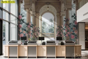 วอลเปเปอร์เสาโรมันดอกกุหลาบ โดดเด่นในโถงสำนักงาน พื้นหลังยุโรปคลาสสิก เพิ่มความสง่างามโดนใจผู้บริหาร ตอบโจทย์งานตกแต่งพรีเมียม