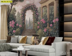 วอลเปเปอร์วิวสวนยุโรปคลาสสิก ภาพซุ้มดอกกุหลาบ โทนชมพูเบจ เหมาะกับผู้รักธรรมชาติ ผสานกับเฟอร์นิเจอร์โมเดิร์นในห้องรับแขก ทำให้มุมบ้านดูอบอุ่นและหรูหราขึ้น