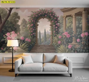 วอลเปเปอร์ศิลปะยุโรปโทนชมพูทอง ซุ้มประตูโรมันลายดอกกุหลาบและเถาไม้เงาเข้ม ใช้สีสันวินเทจเพิ่มเสน่ห์ให้งานดีไซน์ เหมาะสำหรับแต่งห้องรับแขกให้หรูหราสง่างามในสไตล์ยุโรป