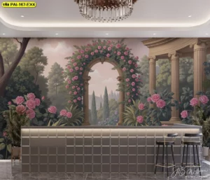 วอลเปเปอร์วิวสวนกุหลาบสไตล์ยุโรป ผลงานศิลปะตกแต่งโซนรับแขกในออฟฟิศ ผ้าแคนวาสไร้รอยต่อสั่งผลิต