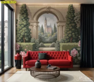 วอลเปเปอร์ยุโรปคลาสสิกแต่งห้องรับแขก สะท้อนกลิ่นอายสวนปราสาทในเทพนิยายด้วยเสาโรมันสูงตระหง่าน รายล้อมด้วยพุ่มสนสีเขียวและดอกกุหลาบชมพู เพิ่มความโดดเด่นให้เฟอร์นิเจอร์และบรรยากาศหรูหรายุโรป