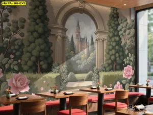 วอลเปเปอร์ภาพซุ้มประตูสวนยุโรป สื่อถึงความหลากหลายของธรรมชาติ เสริมบรรยากาศร้านอาหารหรือคาเฟ่ย่านเมืองเด่นด้วยปราสาทยุโรปโทนเทาอ่อนในสวนดอกกุหลาบชมพูเหมาะสำหรับร้านอาหาร themed dining สไตล์ยุโรป