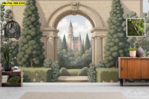 วอลเปเปอร์ภาพวิวสวนสไตล์วินเทจ ออกแบบเสาโรมันคลาสสิกและต้นสนสีเขียวเข้มสร้างบรรยากาศบ้านหรูเหมาะกับพื้นที่พักผ่อนหรือมุมอ่านหนังสือเพื่อความสดชื่นทุกวัน