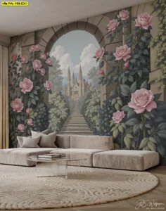 วอลเปเปอร์ภาพวิวปราสาทบนเนินสวน เปลี่ยนมุมห้องรับแขกให้มีเรื่องราวและจินตนาการ สดใสลงตัวกับสไตล์ยุโรปคลาสสิก เหมาะสำหรับกลุ่มคนทำงานและครอบครัว