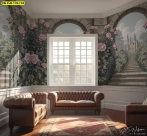 วอลเปเปอร์ยุโรปแฟนตาซี ออกแบบซุ้มโค้งคู่เน้นดอกกุหลาบและพุ่มใบเข้ม เปิดมุมมองไปสู่ปราสาทกลางหุบเขา ช่วยเนรมิตบรรยากาศคลาสสิกให้ห้องรับแขกเพิ่มแรงบันดาลใจ