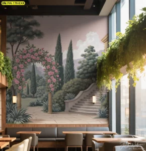 วอลเปเปอร์ศิลปะสไตล์ยุโรปวินเทจ ดอกไม้สีชมพูอ่อนและเขียวหมอกซุ้มทางเดิน เปลี่ยนมุมรับประทานอาหารให้เป็นจุดถ่ายรูปประจำร้าน