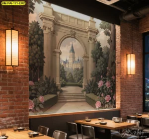 วอลเปเปอร์ภาพศิลปะสวนยุโรปซุ้มประตู สร้างความหรูหราให้ร้านอาหารแบบคลาสสิกและอบอุ่นด้วยภาพวิวปราสาทยุโรปในสวนดอกกุหลาบ เพิ่มมิติให้ผนังร้านอาหาร