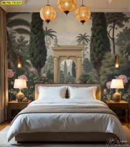 วอลเปเปอร์วิวสวนสไตล์วินเทจ ยุโรปคลาสสิกสำหรับห้องนอน เน้นดีไซน์เสาโรมัน ต้นสน และดอกกุหลาบในโทนสีเขียว-ครีม เติมบรรยากาศสง่างามสมบูรณ์แบบให้พื้นที่พักผ่อน