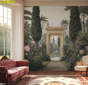 วอลเปเปอร์วิวสวนยุโรปคลาสสิก ภาพสวนโรมันหรูหรา สำหรับแต่งห้องรับแขกขนาดใหญ่ โดดเด่นด้วยเสาโรมันและต้นสนสูง สร้างบรรยากาศสงบและมีเสน่ห์เฉพาะตัวสำหรับบ้านยุคใหม่