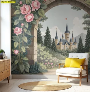 วอลเปเปอร์ภาพวิวปราสาทแฟนตาซีฝรั่งเศส โดดเด่นด้วยดอกกุหลาบสีชมพูและฉากต้นไม้เขียวขจี เหมาะกับห้องนั่งเล่นหรือห้องอ่านหนังสือ เพื่อสร้างบรรยากาศโรแมนติก