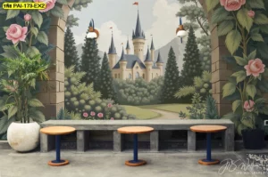 วอลเปเปอร์วิวปราสาทยุโรปท่ามกลางสวนดอกไม้โทนเขียว-ครีม สร้างจุดหมายถ่ายรูปยอดนิยมให้ร้านกาแฟ เพิ่มจินตนาการและประสบการณ์สุดพิเศษ