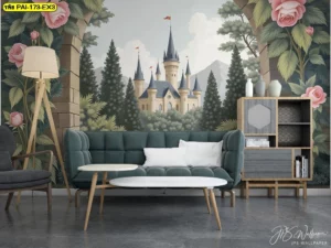 วอลเปเปอร์ภาพศิลปะยุโรปแต่งห้องรับแขก ดีไซน์ซุ้มโค้งคู่กรอบดอกกุหลาบชมพูสดใส มองเห็นปราสาทคลาสสิกกลางป่าสนและภูเขา เน้นโทนสีเขียว-ฟ้า ให้ห้องดูหรูหราและสวยมีมิติในทุกมุม