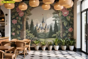 วอลเปเปอร์ภาพวิวสวนแฟนตาซีปราสาทยุโรปโทนเขียวใหญ่ชมพูและครีม เน้นความโดดเด่นสร้างจุดหมายถ่ายรูปใหม่ในคาเฟ่