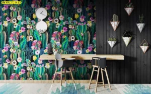 วอลเปเปอร์สั่งพิมพ์ลายกระบองเพชรดอกไม้สีสันสดใสโทนเขียวชมพูม่วงเหลืองสไตล์ทรอปิคัลโบฮีเมียนตกแต่งห้องทำงานคาเฟ่