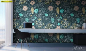 วอลเปเปอร์ผ้าแคนวาสลายดอกไม้เส้นวาดโทนเขียวเข้มทองชมพูฟ้าตกแต่งห้องทำงานสไตล์คอนเทมโพรารี่
