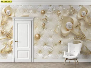 วอลเปเปอร์ดอกไม้มุกสไตล์หรู สร้างความสวยงามโดดเด่นให้ผนังห้องด้วยโทนสีทองขาว ผลิตจากผ้าแคนวาสหน้ากว้างไร้รอยต่อ เหมาะกับโรงแรม คาเฟ่ สปา