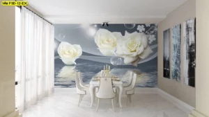 วอลเปเปอร์ดอกกุหลาบสีขาวลอยเหนือผิวน้ำโทนเทาเงิน แต่งผนังมุมโต๊ะกินข้าวให้ดูลึกและโปร่งมากขึ้น เหมาะกับห้องรับประทานอาหารของบ้านและคอนโดที่อยากได้สไตล์หรูสงบแบบร่วมสมัย​