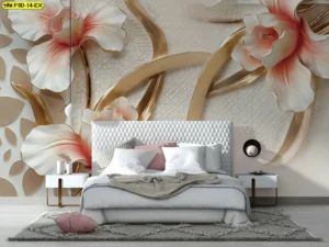 วอลเปเปอร์ลายดอกไม้ศิลปะ 3 มิติ ผลิตตามขนาดสำหรับตกแต่งผนังห้องนอนโรงแรมหรือรีสอร์ท ไล่เฉดสีทองชมพูช่วยสร้างจุดเด่น โทนอบอุ่นหรูหราให้กับห้องพัก