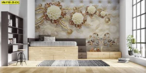 วอลเปเปอร์สั่งพิมพ์ลายดอกไม้เพชรสีครีมและหงส์คู่ทองบนพื้นหลังลายเบาะหนังแบบคลาสสิก เหมาะสำหรับตกแต่งผนังห้องนอนให้ดูหรูหราสวยงามมีมิติ