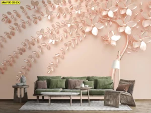 วอลเปเปอร์ดอกไม้หรูสามมิติ สีโรสโกลด์ สไตล์โมเดิร์นหวานละมุน เหมาะกับการตกแต่งห้องนั่งเล่นและมุมพักผ่อนให้รู้สึกอบอุ่นละมุนตา