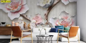 วอลเปเปอร์ดอกไม้สามมิติสีชมพูบนพื้นผิวไม้คู่กับนกตกแต่งหน้าโซฟาห้องรับแขก ช่วยสร้างบรรยากาศหรูอบอุ่นสไตล์โมเดิร์นสำหรับเจ้าของบ้านและคอนโดที่ต้องการผนังเด่นเป็นจุดโฟกัสหลัก​