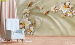 วอลเปเปอร์ดอกไม้หรูสามมิติ สีทองสดใส เน้นดีไซน์ลายดอกไม้หรูสร้างบรรยากาศผ่อนคลาย เหมาะสำหรับแต่งผนังห้องรับแขกและพื้นที่พักผ่อนในบ้านทันสมัย