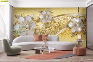 วอลเปเปอร์สั่งพิมพ์ลายดอกไม้ประดับเพชรบนพื้นหลังกลิตเตอร์สีทองอร่าม เหมาะสำหรับสร้าง Signature Wall ดึงดูดลูกค้าในร้านบูติก
