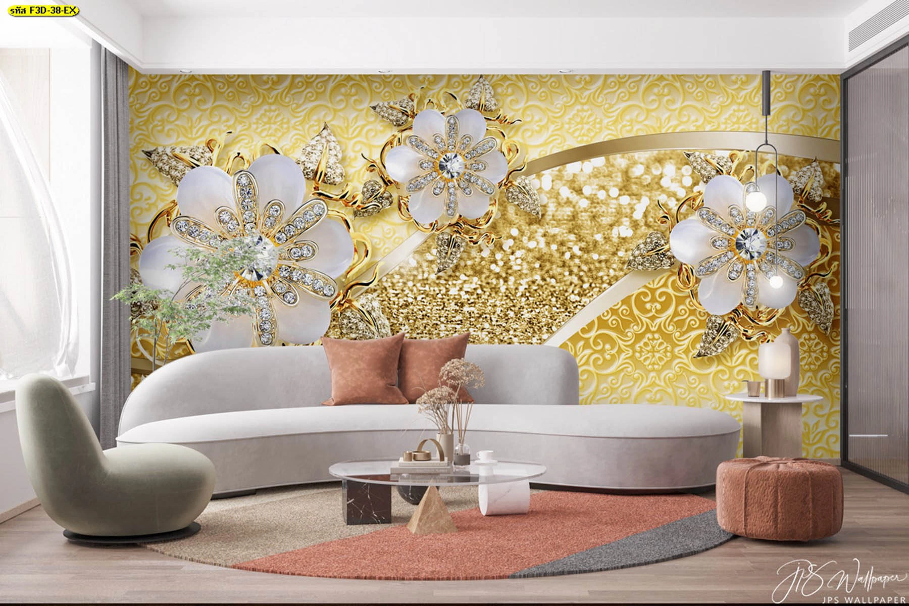วอลเปเปอร์สั่งพิมพ์ลายดอกไม้ประดับเพชรบนพื้นหลังกลิตเตอร์สีทองอร่าม เหมาะสำหรับสร้าง Signature Wall ดึงดูดลูกค้าในร้านบูติก