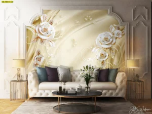 วอลเปเปอร์ดอกกุหลาบขาวทอง 3D ดีไซน์คลาสสิก พื้นหลังครีม ให้ความรู้สึกอบอุ่นหรูหรา เหมาะสำหรับห้องรับรองระดับ VIP