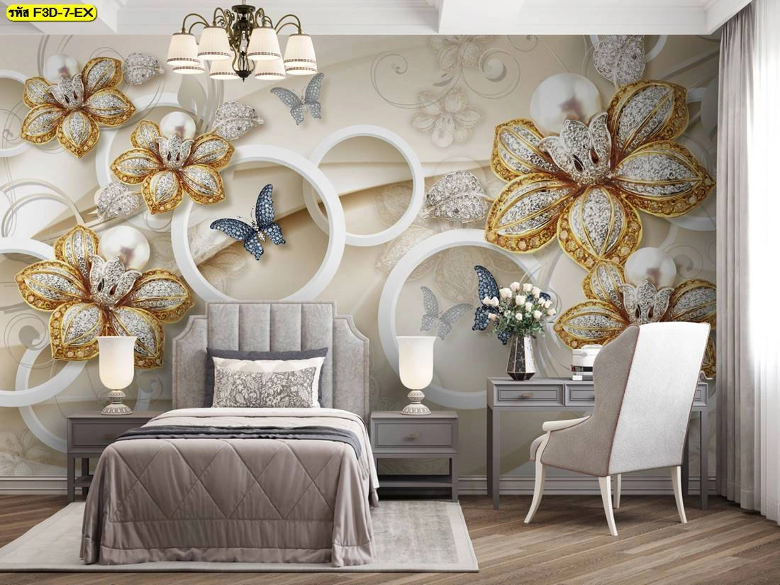 วอลเปเปอร์ลายดอกไม้ทองประดับผีเสื้อ 3 มิติเพื่อสร้างความวิจิตรให้กับห้องผู้บริหาร สะท้อนภาพลักษณ์ความหรูหราสูงสุด