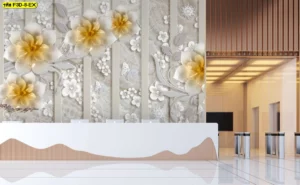 ภาพวอลเปเปอร์ 3D ดอกไม้สีทองหรูหรา ตกแต่งล็อบบี้โรงแรม เพิ่มความประทับใจให้ธุรกิจด้วยงานศิลปะตกแต่งผนังสวยงามระดับพรีเมียม