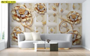ภาพงานศิลปะติดผนังลายดอกไม้เพชร 3 มิติโทนสีทองและขาวหรูหราสำหรับตกแต่งห้องรับรองลูกค้าคลินิกหรือร้านเครื่องประดับ