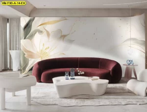 วอลเปเปอร์ภาพศิลปะหรูโทนสว่าง เฉดทองอ่อน เหมาะสำหรับตกแต่งห้องนั่งเล่นบ้านโมเดิร์นเสริมความอบอุ่นและมีสไตล์โดดเด่น​